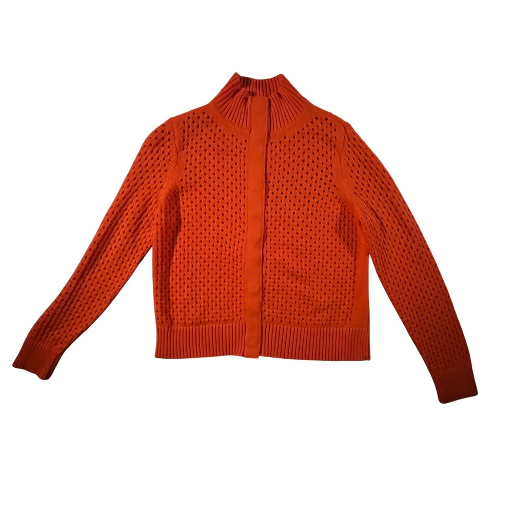 T by Talbots Cardigan Women PS Orange‎ Pointelle Mock Neck Snap Front NWT